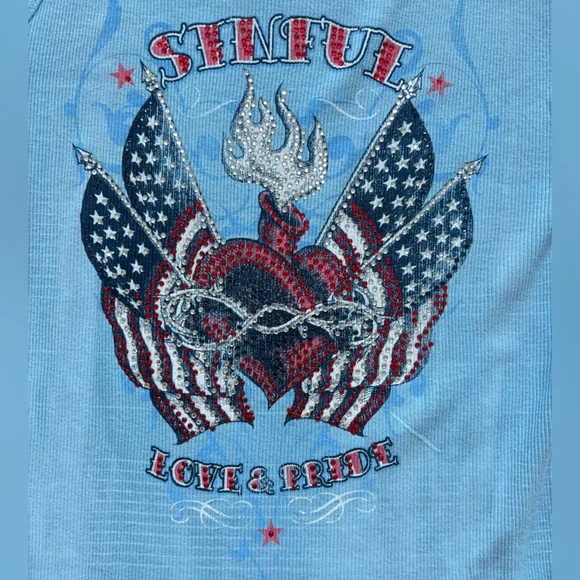 Sinful Woman’s Large Light Blue Patriotic Rhinestone Tank Top - Picture 2 of 5